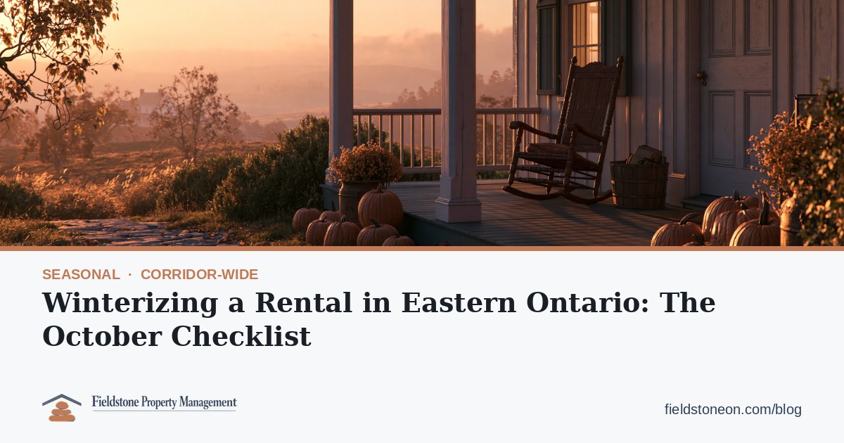 Fieldstone title card: Winterizing a rental in Eastern Ontario. The October checklist for owners and tenants.